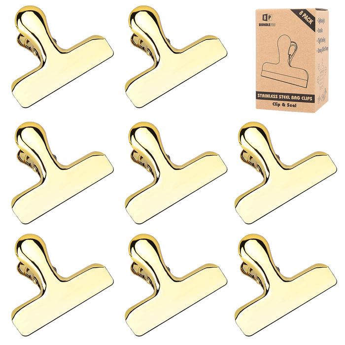 Pack of 8 Stainless Steel Shiny Gold Bag Clips