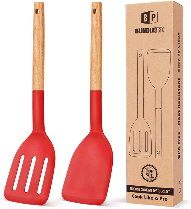 Pack of 2 Silicone Cooking Spatula, Heat Resistant Solid Turner, Non Stick Slotted Spatulas with Wooden Short Handle