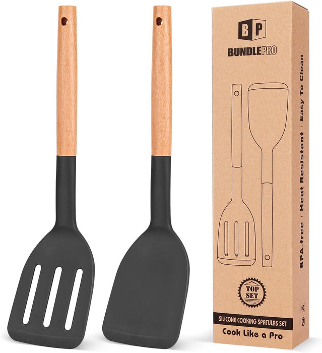 Pack of 2 Silicone Cooking Spatula, Heat Resistant Solid Turner, Non Stick Slotted Spatulas with Wooden Short Handle