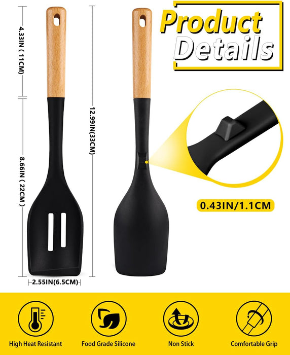 Pack of 2 Large Silicone Cooking Spoons, Heat Resistant Non Stick Kitchen Utensils with Wooden Handle