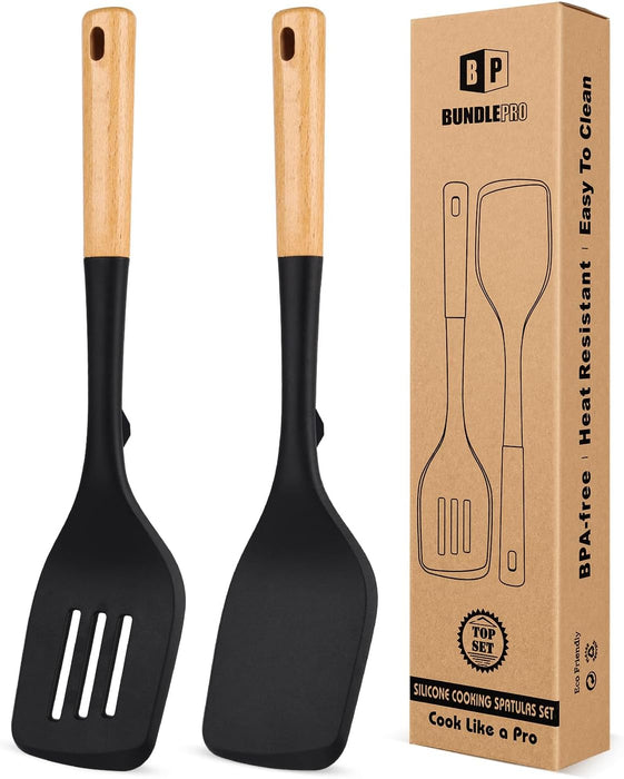 Pack of 2 Large Silicone Spatula, Heat Resistant Solid Turner, Non Stick Slotted Spatulas with Wooden Handle