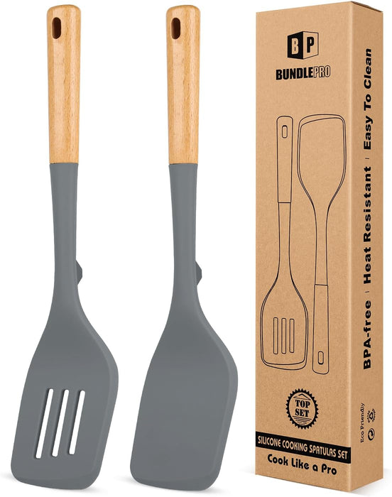 Pack of 2 Large Silicone Spatula, Heat Resistant Solid Turner, Non Stick Slotted Spatulas with Wooden Handle