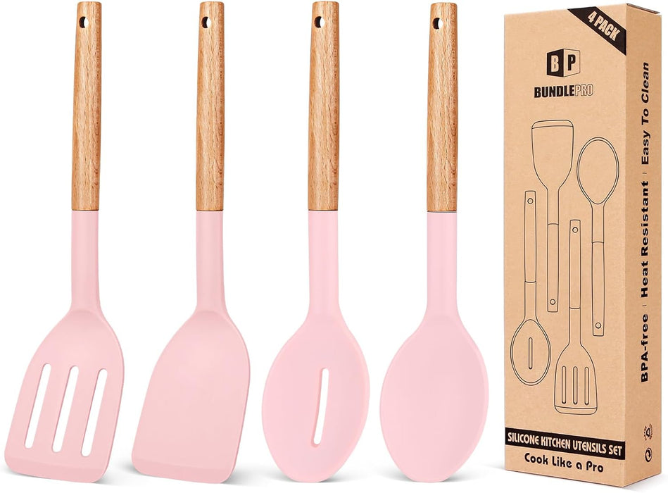 Pack of 4 Silicone Cooking Utensils Set, Non Stick Solid Spatulas and Heat Resistant Slotted Spoons with Wooden Handle