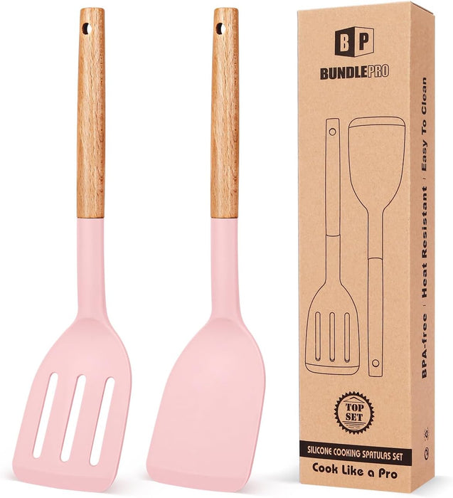 Pack of 2 Silicone Cooking Spatula, Heat Resistant Solid Turner, Non Stick Slotted Spatulas with Wooden Short Handle