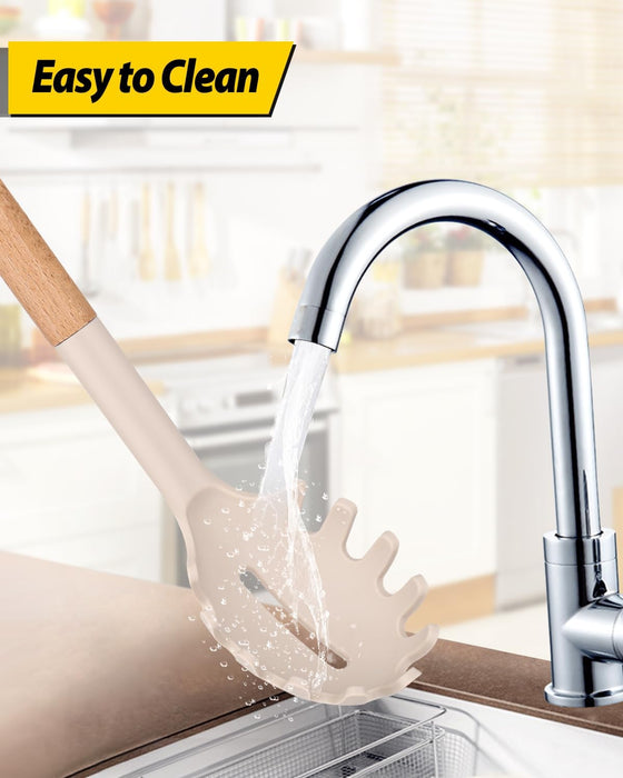 Silicone Pasta Fork and Ladle Spoon Set with Wooden Handle