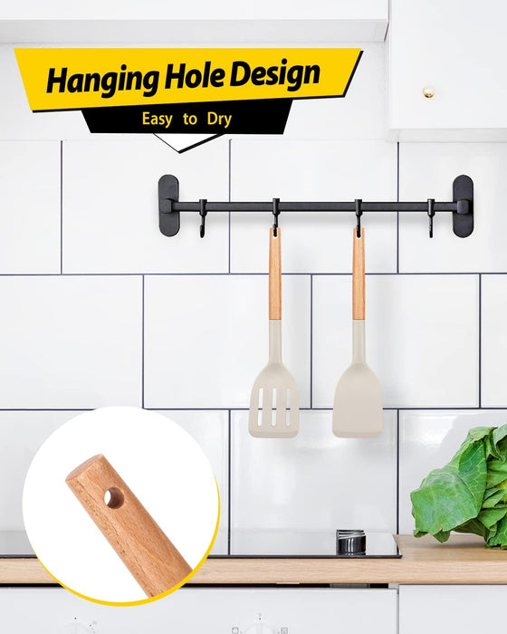 Pack of 2 Silicone Cooking Spatula, Heat Resistant Solid Turner, Non Stick Slotted Spatulas with Wooden Short Handle