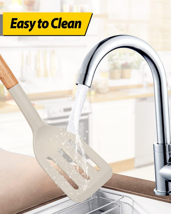 Pack of 2 Silicone Cooking Spatula, Heat Resistant Solid Turner, Non Stick Slotted Spatulas with Wooden Short Handle