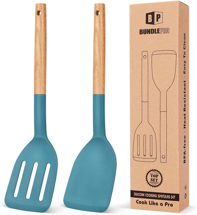 Pack of 2 Silicone Cooking Spatula, Heat Resistant Solid Turner, Non Stick Slotted Spatulas with Wooden Short Handle