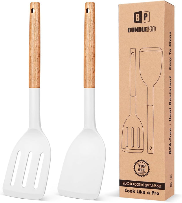 Pack of 2 Silicone Cooking Spatula, Heat Resistant Solid Turner, Non Stick Slotted Spatulas with Wooden Short Handle