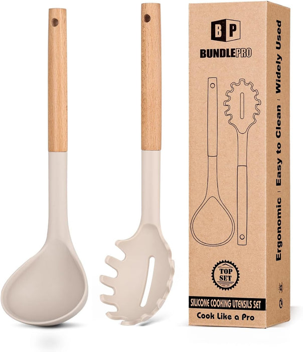 Silicone Pasta Fork and Ladle Spoon Set with Wooden Handle