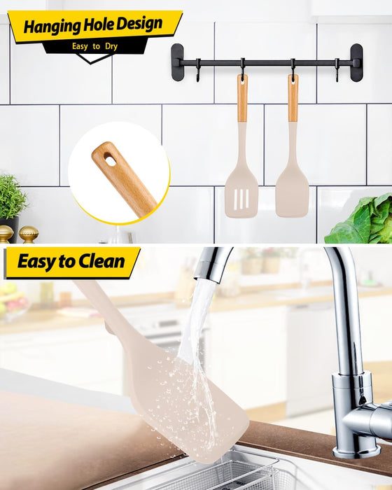 Pack of 2 Large Silicone Spatula, Heat Resistant Solid Turner, Non Stick Slotted Spatulas with Wooden Handle