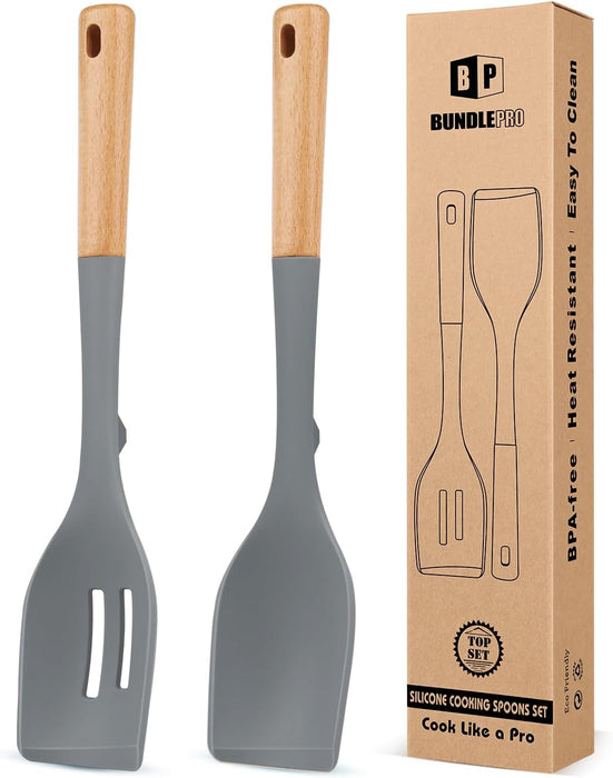 Pack of 2 Large Silicone Cooking Spoons, Heat Resistant Non Stick Kitchen Utensils with Wooden Handle