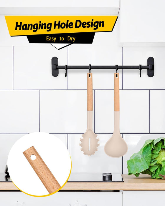 Silicone Pasta Fork and Ladle Spoon Set with Wooden Handle