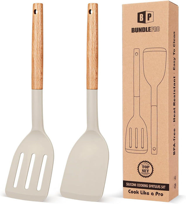 Pack of 2 Silicone Cooking Spatula, Heat Resistant Solid Turner, Non Stick Slotted Spatulas with Wooden Short Handle