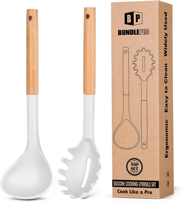 Silicone Pasta Fork and Ladle Spoon Set with Wooden Handle
