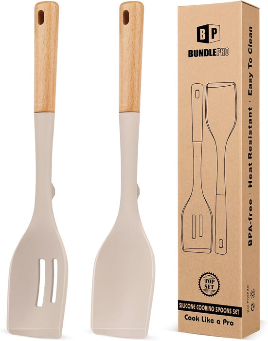 Pack of 2 Large Silicone Cooking Spoons, Heat Resistant Non Stick Kitchen Utensils with Wooden Handle