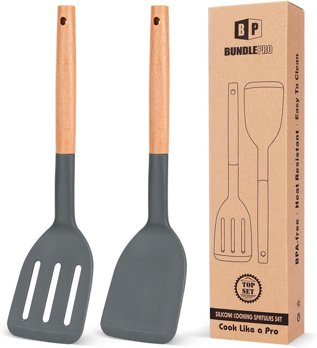 Pack of 2 Silicone Cooking Spatula, Heat Resistant Solid Turner, Non Stick Slotted Spatulas with Wooden Short Handle
