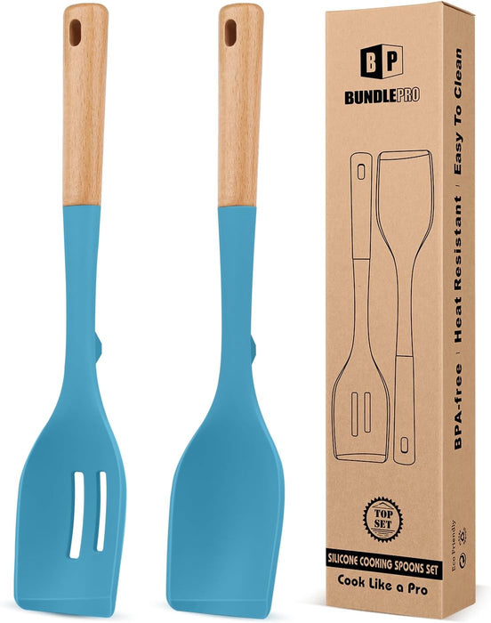 Pack of 2 Large Silicone Cooking Spoons, Heat Resistant Non Stick Kitchen Utensils with Wooden Handle
