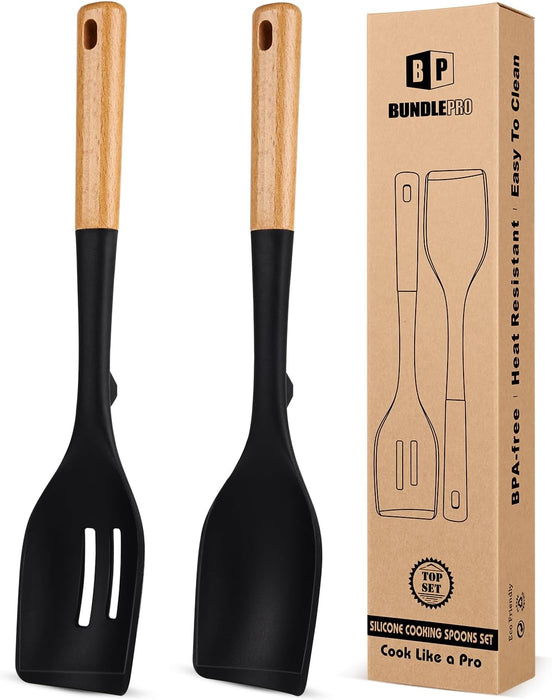 Pack of 2 Large Silicone Cooking Spoons, Heat Resistant Non Stick Kitchen Utensils with Wooden Handle