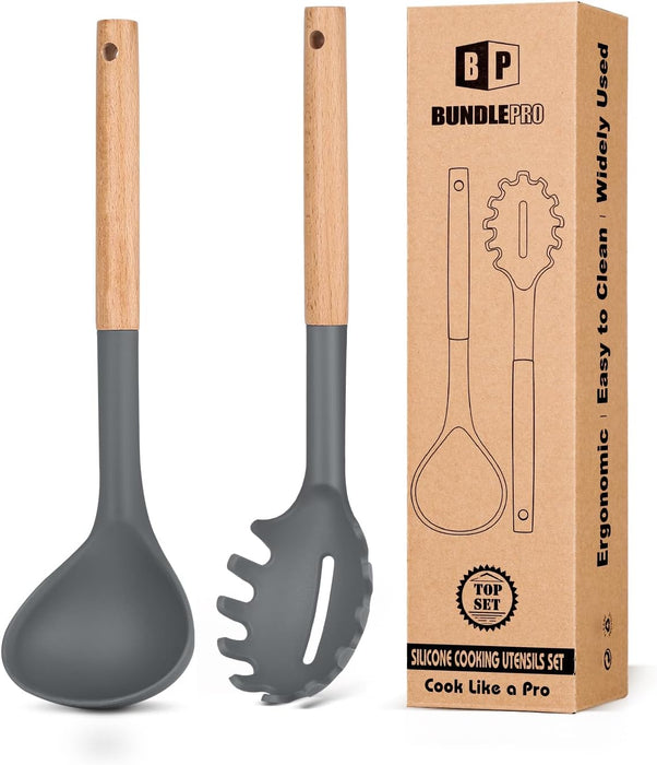 Silicone Pasta Fork and Ladle Spoon Set with Wooden Handle