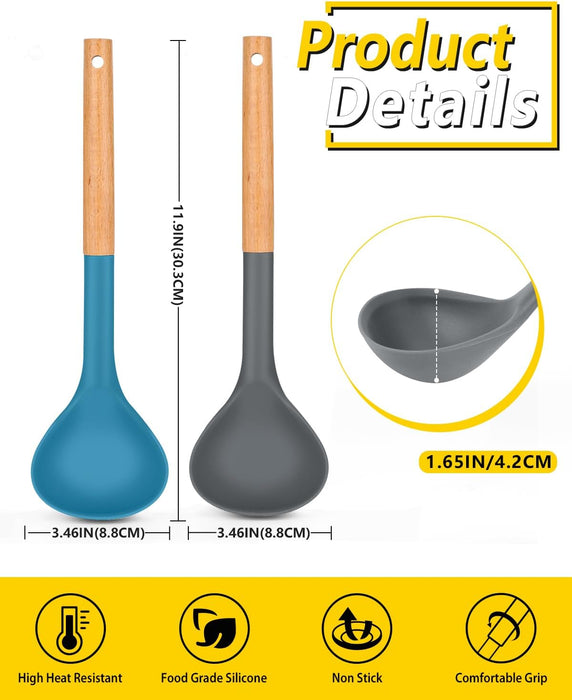 Pack of 2 Soup Ladle, Silicone Ladle Spoon with Wooden Handle