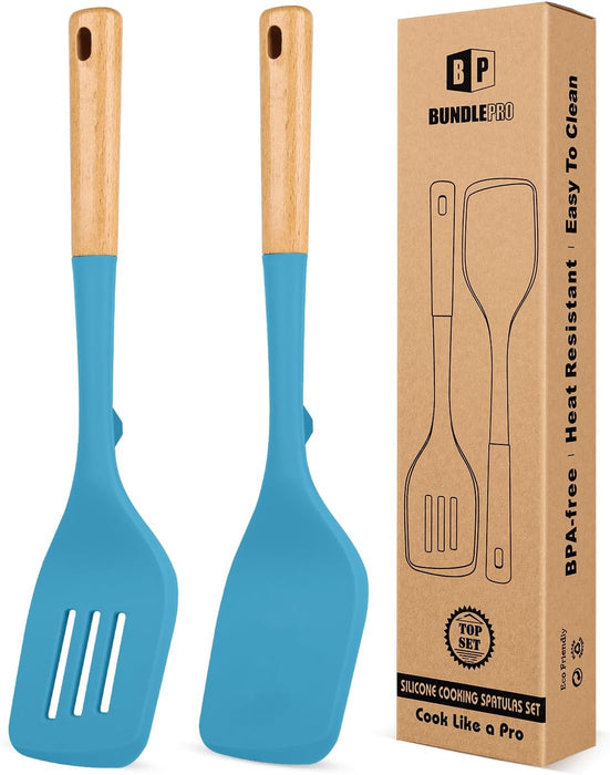 Pack of 2 Large Silicone Spatula, Heat Resistant Solid Turner, Non Stick Slotted Spatulas with Wooden Handle