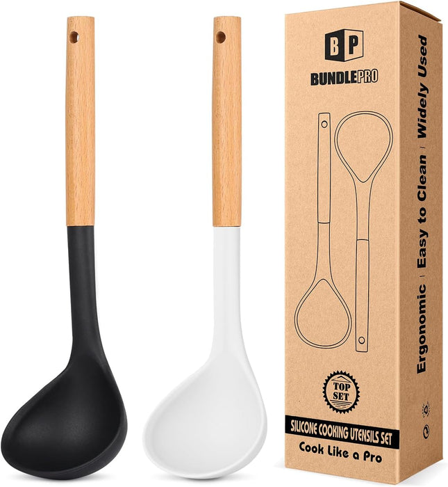 Pack of 2 Soup Ladle, Silicone Ladle Spoon with Wooden Handle