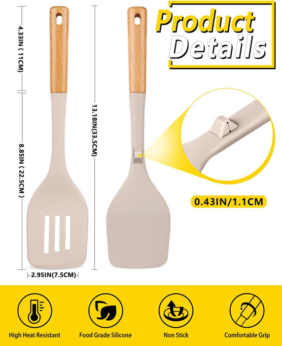 Pack of 2 Large Silicone Spatula, Heat Resistant Solid Turner, Non Stick Slotted Spatulas with Wooden Handle