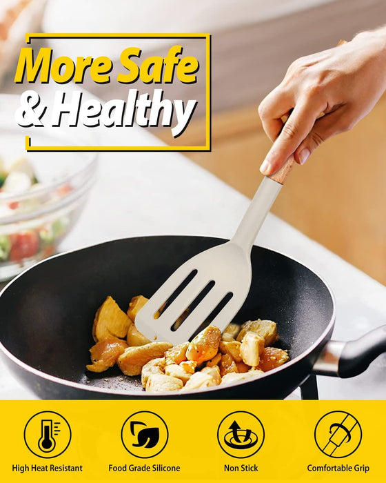 Pack of 2 Silicone Cooking Spatula, Heat Resistant Solid Turner, Non Stick Slotted Spatulas with Wooden Short Handle