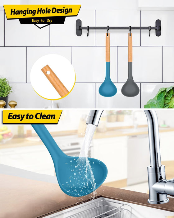 Pack of 2 Soup Ladle, Silicone Ladle Spoon with Wooden Handle