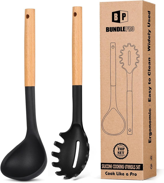 Silicone Pasta Fork and Ladle Spoon Set with Wooden Handle