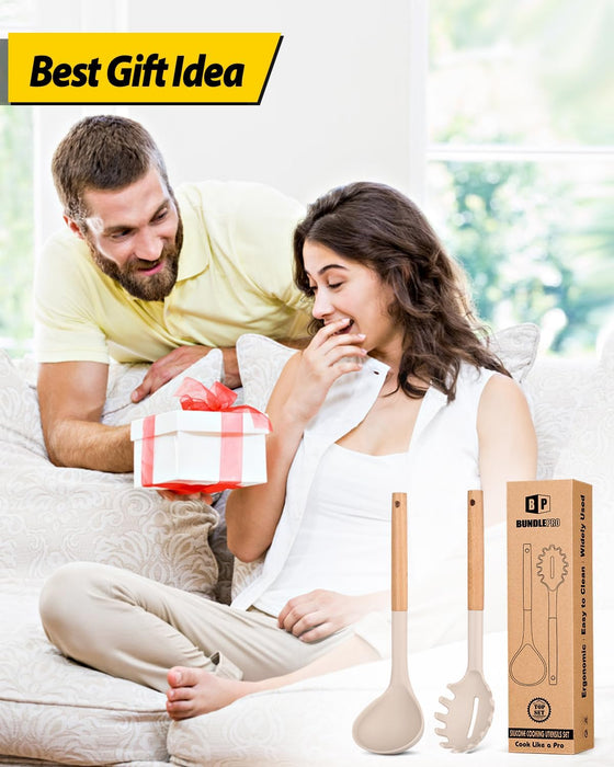 Silicone Pasta Fork and Ladle Spoon Set with Wooden Handle