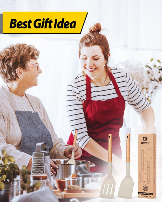 Pack of 2 Silicone Cooking Spatula, Heat Resistant Solid Turner, Non Stick Slotted Spatulas with Wooden Short Handle