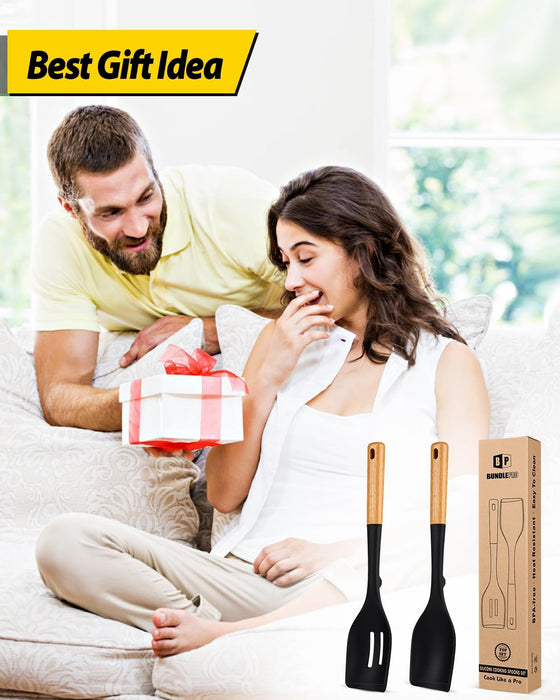 Pack of 2 Large Silicone Cooking Spoons, Heat Resistant Non Stick Kitchen Utensils with Wooden Handle
