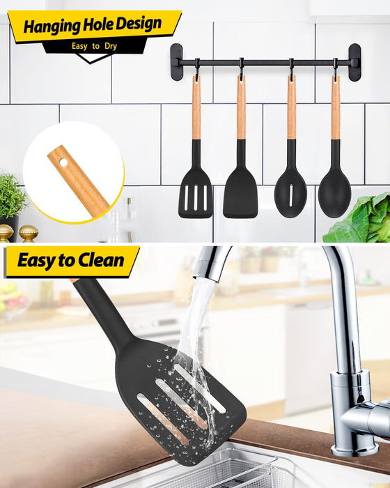 Pack of 4 Silicone Cooking Utensils Set, Non Stick Solid Spatulas and Heat Resistant Slotted Spoons with Wooden Handle