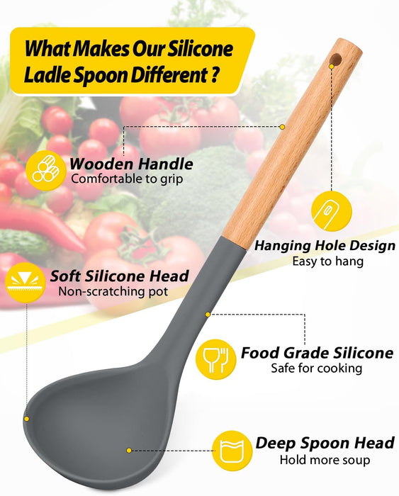 Pack of 2 Soup Ladle, Silicone Ladle Spoon with Wooden Handle