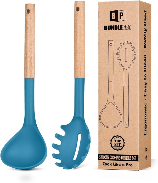 Silicone Pasta Fork and Ladle Spoon Set with Wooden Handle