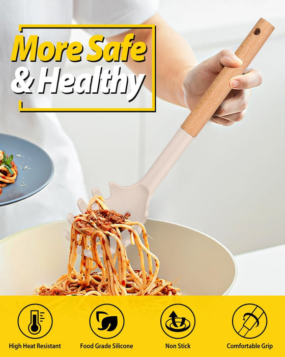 Silicone Pasta Fork and Ladle Spoon Set with Wooden Handle