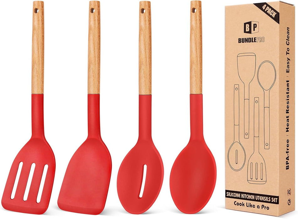 Pack of 4 Silicone Cooking Utensils Set, Non Stick Solid Spatulas and Heat Resistant Slotted Spoons with Wooden Handle
