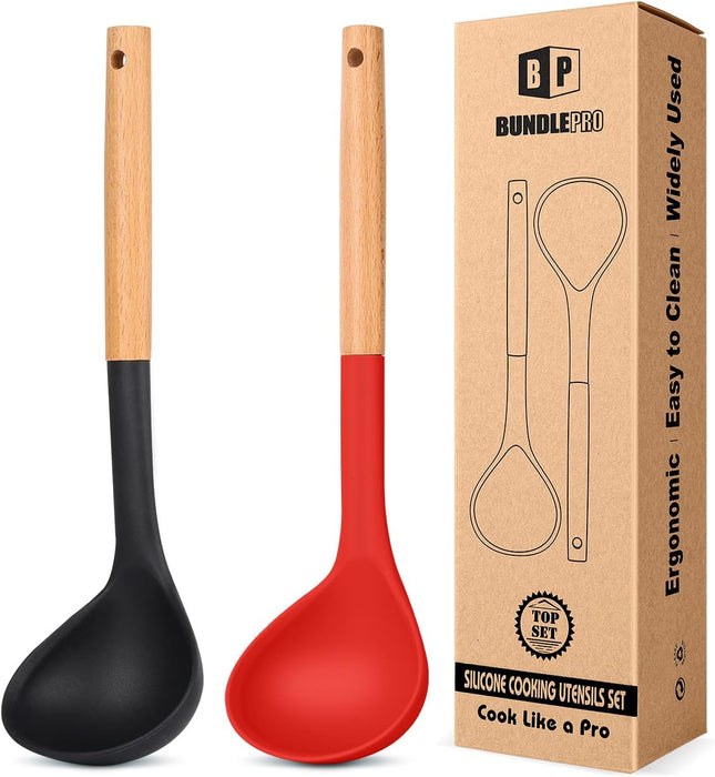 Pack of 2 Soup Ladle, Silicone Ladle Spoon with Wooden Handle
