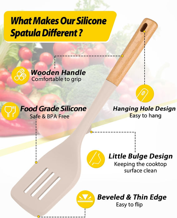 Pack of 2 Large Silicone Spatula, Heat Resistant Solid Turner, Non Stick Slotted Spatulas with Wooden Handle