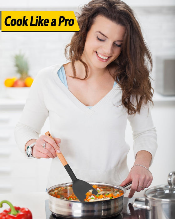 Pack of 4 Silicone Cooking Utensils Set, Non Stick Solid Spatulas and Heat Resistant Slotted Spoons with Wooden Handle