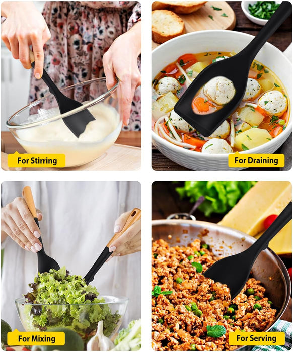 Pack of 2 Large Silicone Cooking Spoons, Heat Resistant Non Stick Kitchen Utensils with Wooden Handle