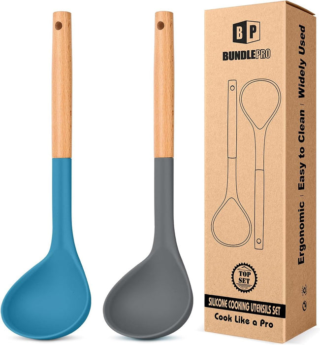 Pack of 2 Soup Ladle, Silicone Ladle Spoon with Wooden Handle