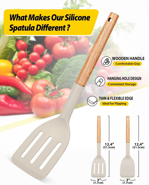 Pack of 2 Silicone Cooking Spatula, Heat Resistant Solid Turner, Non Stick Slotted Spatulas with Wooden Short Handle
