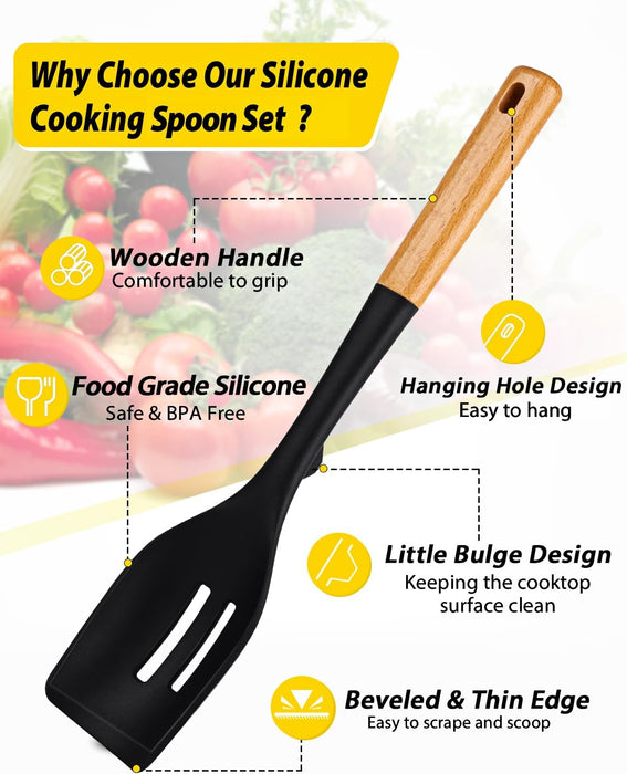 Pack of 2 Large Silicone Cooking Spoons, Heat Resistant Non Stick Kitchen Utensils with Wooden Handle