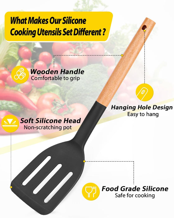 Pack of 4 Silicone Cooking Utensils Set, Non Stick Solid Spatulas and Heat Resistant Slotted Spoons with Wooden Handle