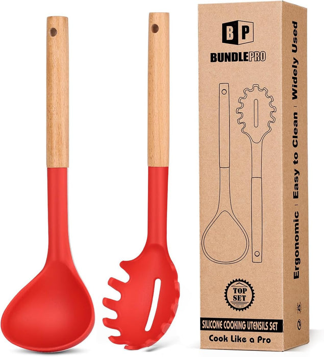 Silicone Pasta Fork and Ladle Spoon Set with Wooden Handle