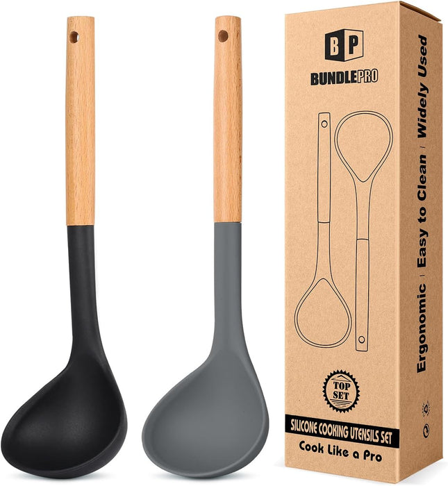 Pack of 2 Soup Ladle, Silicone Ladle Spoon with Wooden Handle