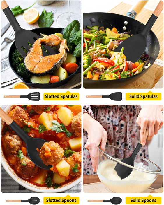 Pack of 4 Silicone Cooking Utensils Set, Non Stick Solid Spatulas and Heat Resistant Slotted Spoons with Wooden Handle
